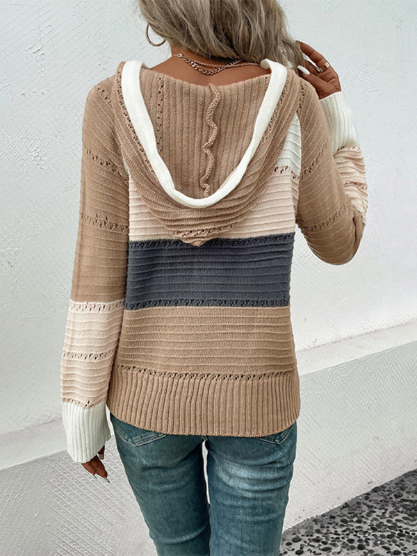 Hooded Colorblock Long Sleeve Sweater S-L
