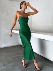 Satin Sleeveless Evening Party Dress with Spaghetti Straps S-XL