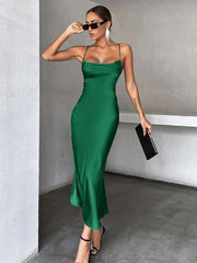 Satin Sleeveless Evening Party Dress with Spaghetti Straps S-XL
