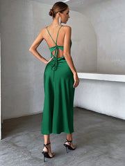 Satin Sleeveless Evening Party Dress with Spaghetti Straps S-XL