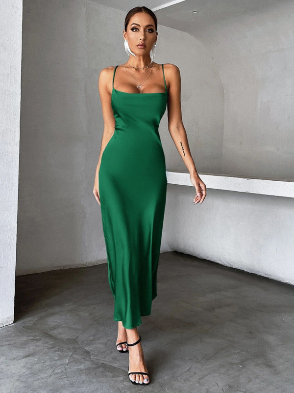 Satin Sleeveless Evening Party Dress with Spaghetti Straps S-XL