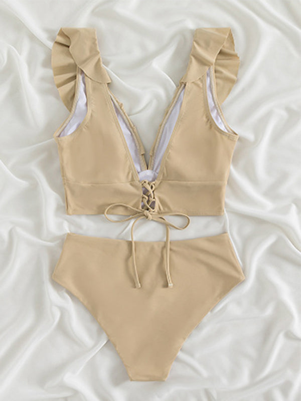 V-Neck Ruffled High Waist Bikini in 12 Colors S-XL