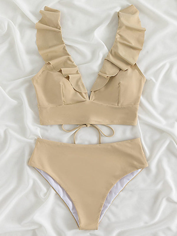 V-Neck Ruffled High Waist Bikini in 12 Colors S-XL