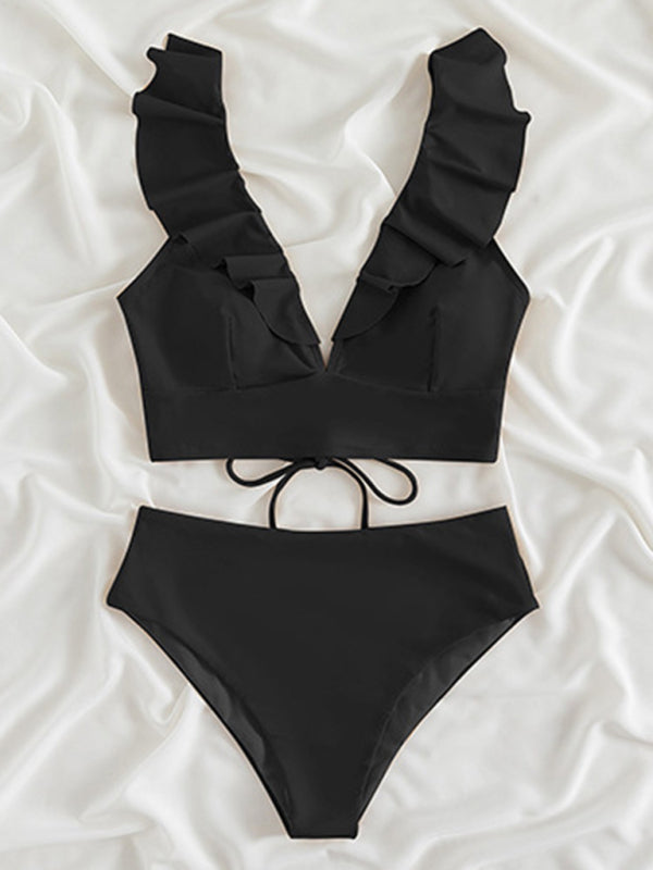 V-Neck Ruffled High Waist Bikini in 12 Colors S-XL
