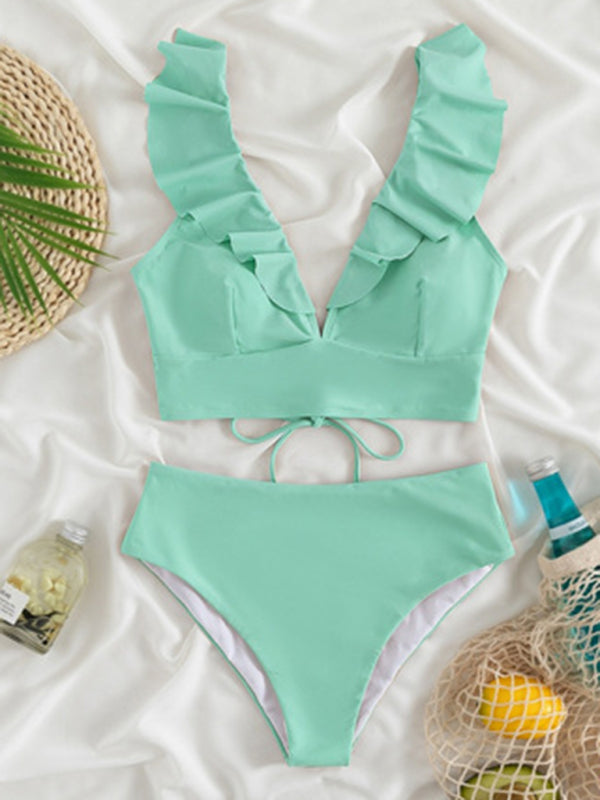 V-Neck Ruffled High Waist Bikini in 12 Colors S-XL