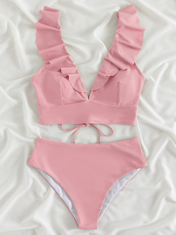V-Neck Ruffled High Waist Bikini in 12 Colors S-XL