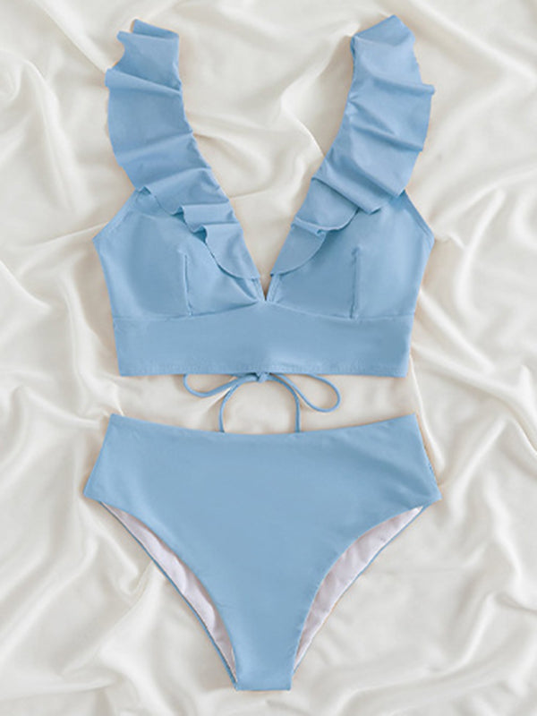 V-Neck Ruffled High Waist Bikini in 12 Colors S-XL
