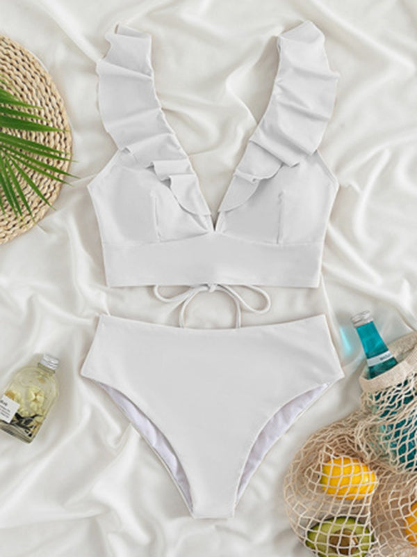 V-Neck Ruffled High Waist Bikini in 12 Colors S-XL