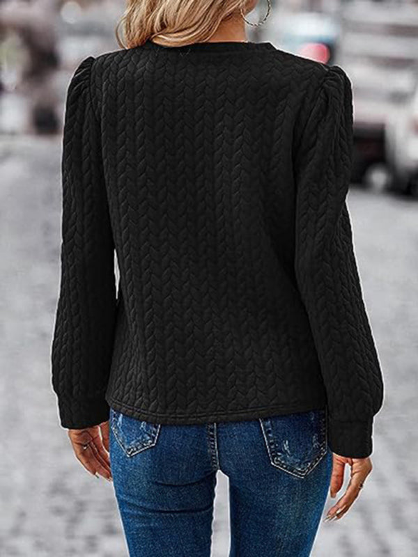 Round Neck Patterned Top with Puffed Long Sleeves in 7 Colors S-XXL