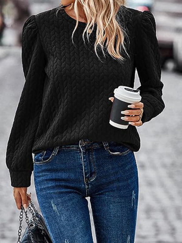 Round Neck Patterned Top with Puffed Long Sleeves in 7 Colors S-XXL