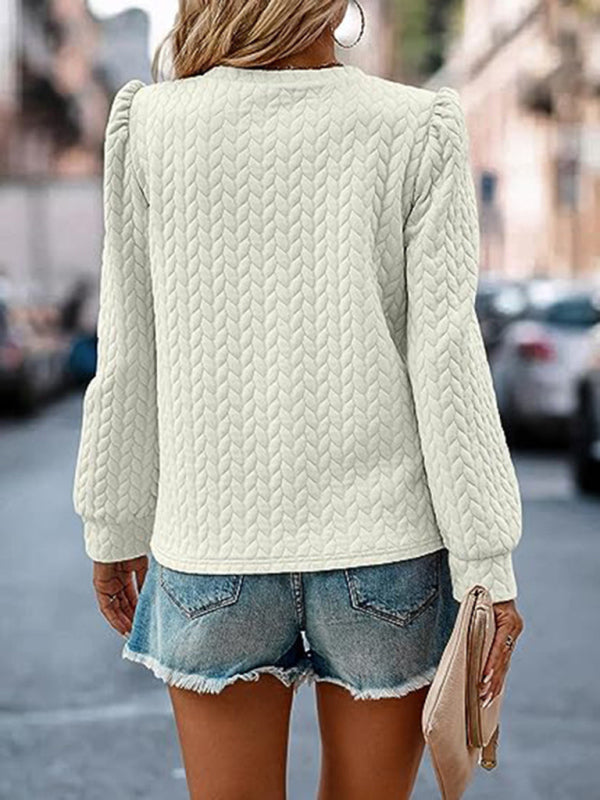 Round Neck Patterned Top with Puffed Long Sleeves in 7 Colors S-XXL