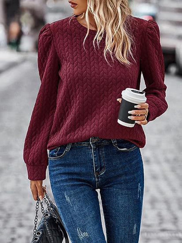 Round Neck Patterned Top with Puffed Long Sleeves in 7 Colors S-XXL