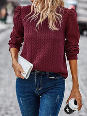Round Neck Patterned Top with Puffed Long Sleeves in 7 Colors S-XXL