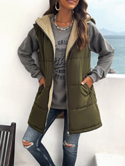 Hooded Sleeveless Bubble Jacket Vest with Zipper and Pockets