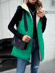 Hooded Sleeveless Bubble Jacket Vest with Zipper and Pockets