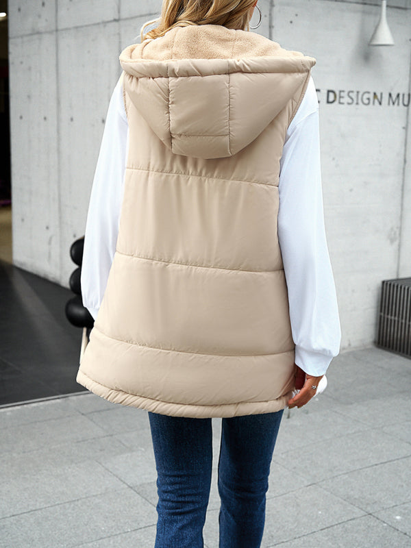 Hooded Sleeveless Bubble Jacket Vest with Zipper and Pockets