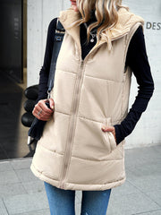 Hooded Sleeveless Bubble Jacket Vest with Zipper and Pockets