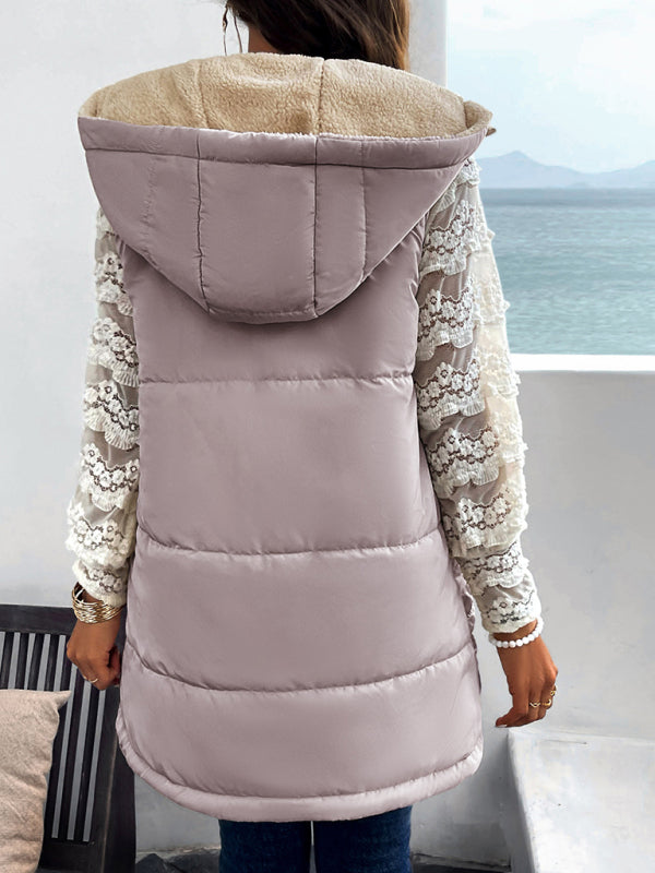 Hooded Sleeveless Bubble Jacket Vest with Zipper and Pockets