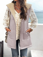 Hooded Sleeveless Bubble Jacket Vest with Zipper and Pockets