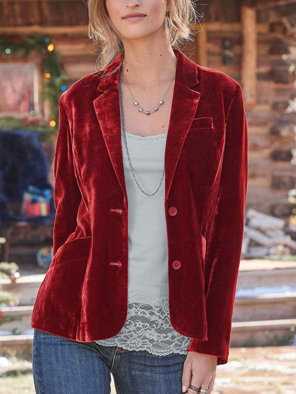 Long Sleeve Velvet Blazer with Pockets