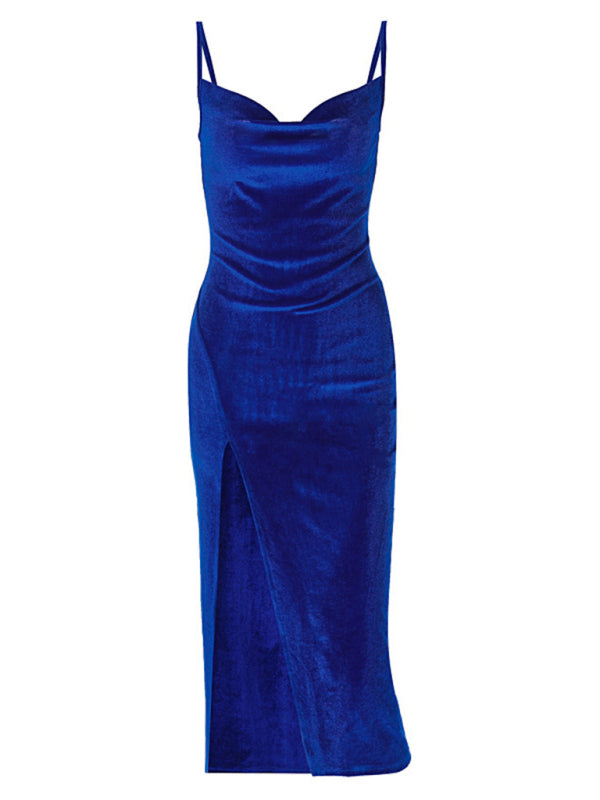 Velvet Sleeveless Evening Dress with Spaghetti Straps and Leg Slit in 3 Colors S-XL