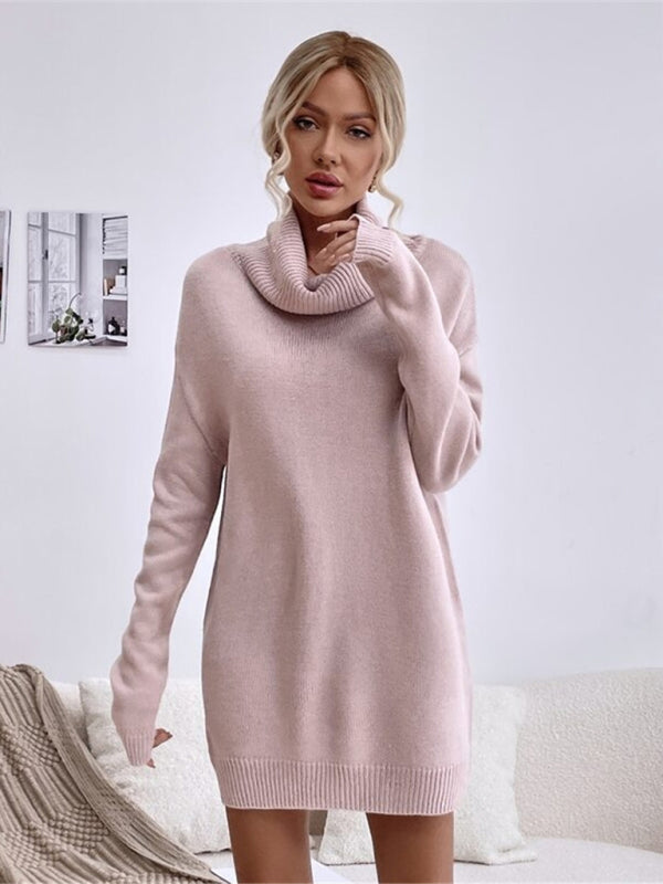 Long Sleeve Turtleneck Knit Sweater Dress in 4 Colors S-XL