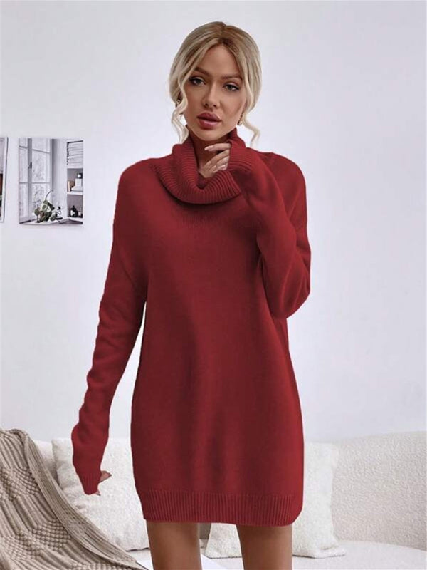 Long Sleeve Turtleneck Knit Sweater Dress in 4 Colors S-XL