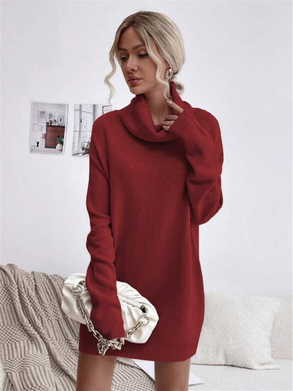 Long Sleeve Turtleneck Knit Sweater Dress in 4 Colors S-XL