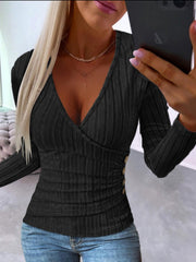 Ribbed Long Sleeve V-Neck Top with Decorative Buttons in 6 Colors Sizes 4-14