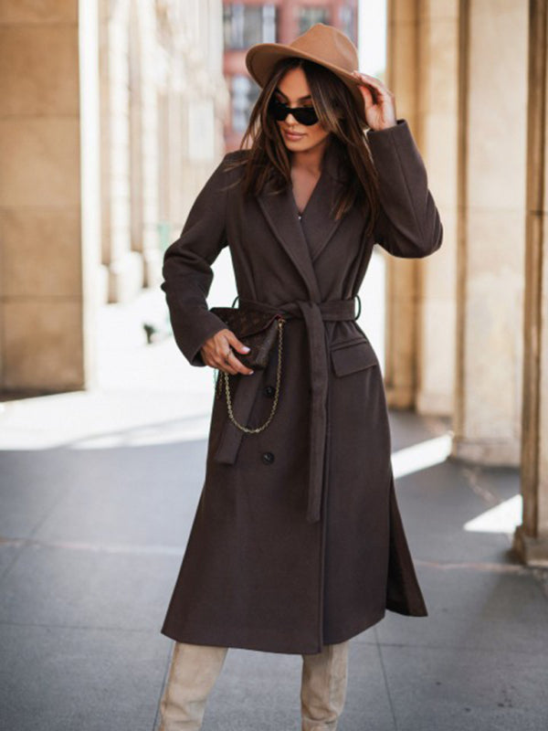 Single Breasted Wool Coat with Waist Tie
