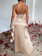 Satin One Shoulder Evening Dress with High Leg Slit S-XL