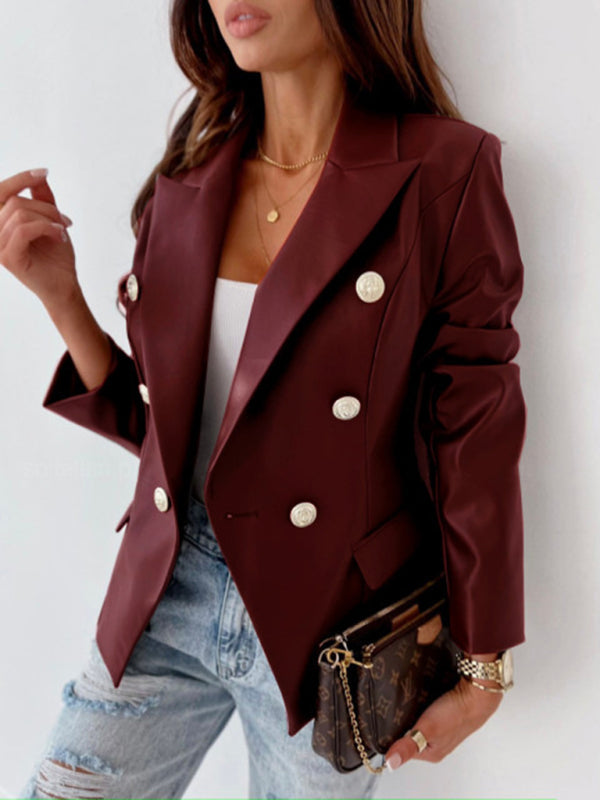 Langärmlige, zweireihige PU-Lederjacke in 4 Farben, Größen 4–12