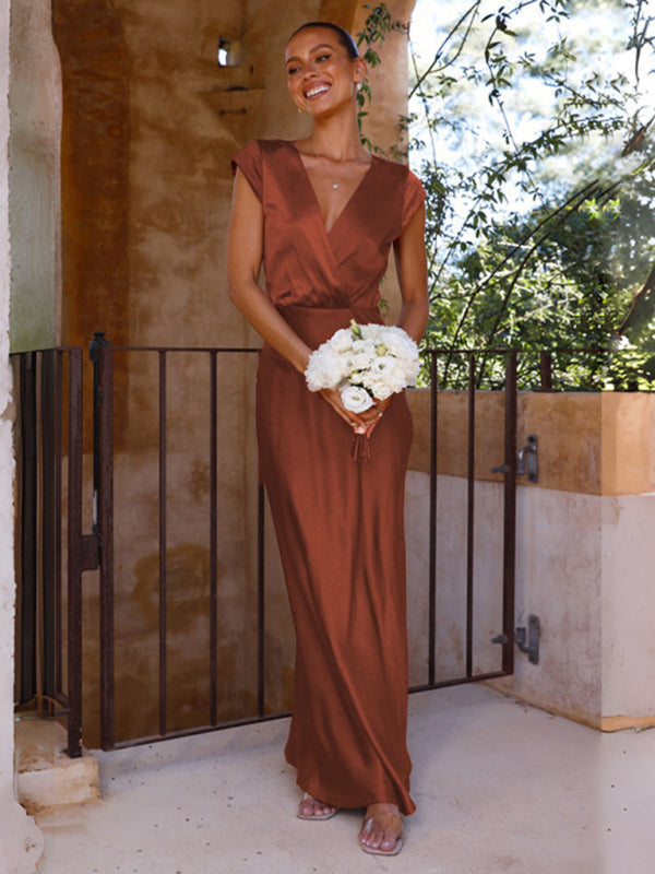 V-Neck Floor Length Evening Gown in 4 Colors S-XL