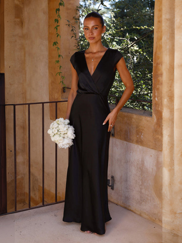 V-Neck Floor Length Evening Gown in 4 Colors S-XL