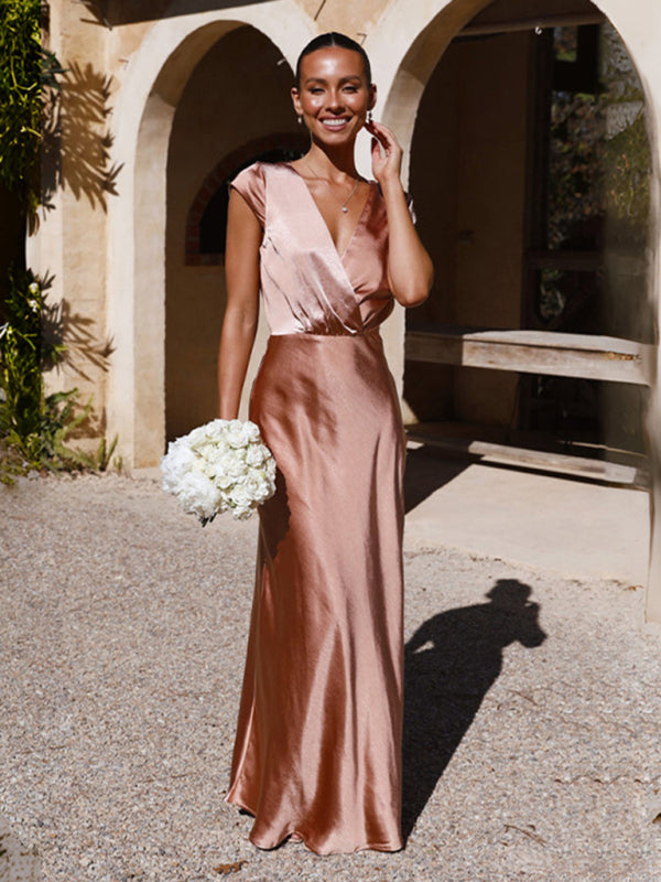 V-Neck Floor Length Evening Gown in 4 Colors S-XL