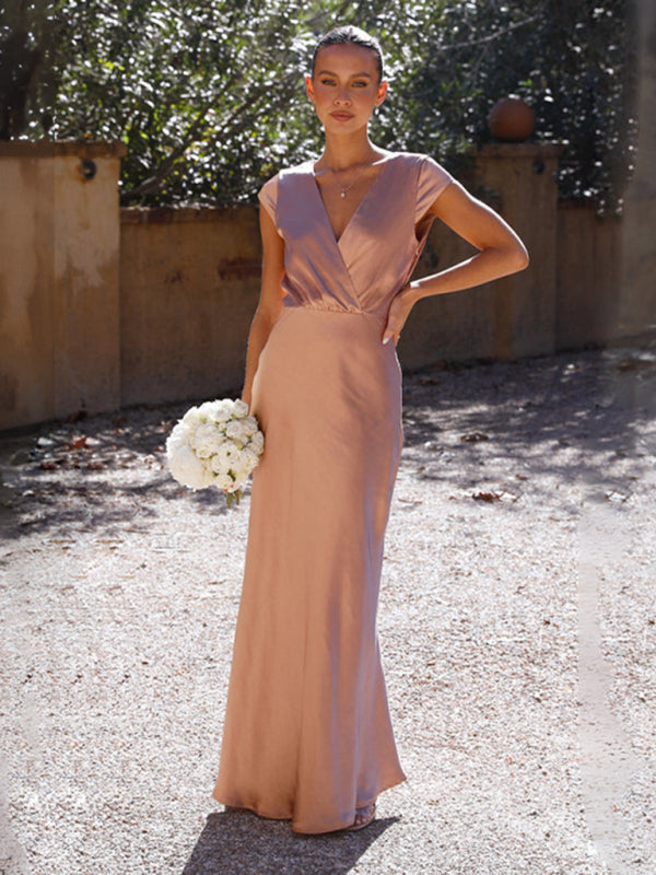 V-Neck Floor Length Evening Gown in 4 Colors S-XL
