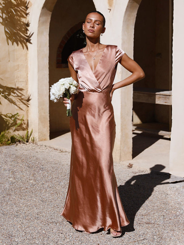 V-Neck Floor Length Evening Gown in 4 Colors S-XL