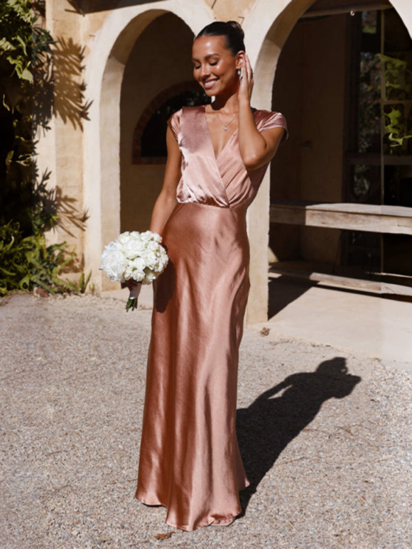 V-Neck Floor Length Evening Gown in 4 Colors S-XL