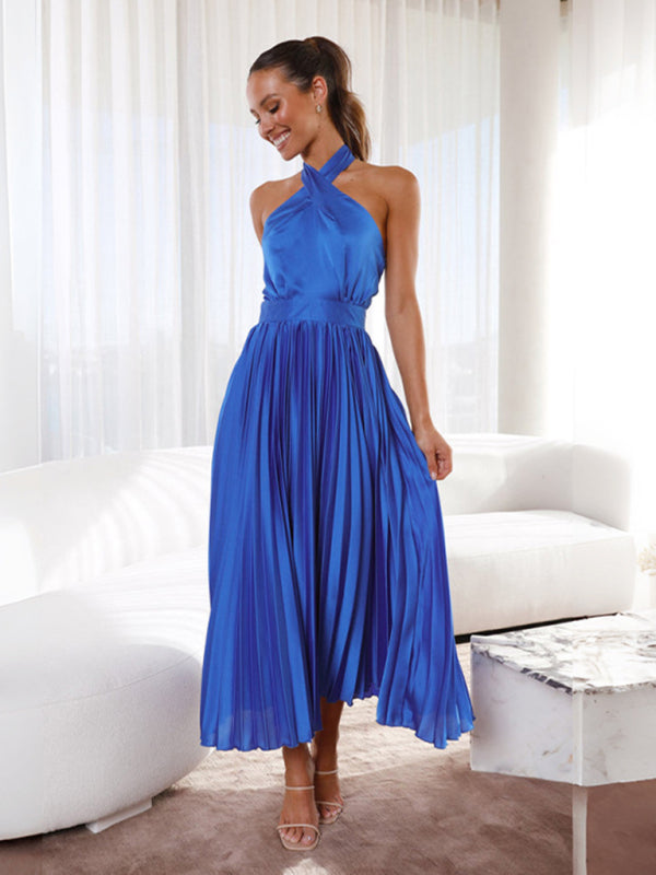 Sleeveless Halter Neck Pleated Evening Dress in 4 Colors S-XL