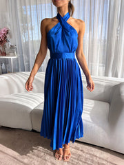 Sleeveless Halter Neck Pleated Evening Dress in 4 Colors S-XL