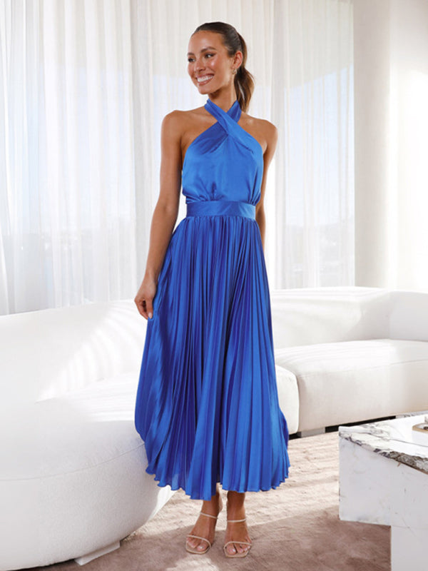 Sleeveless Halter Neck Pleated Evening Dress in 4 Colors S-XL