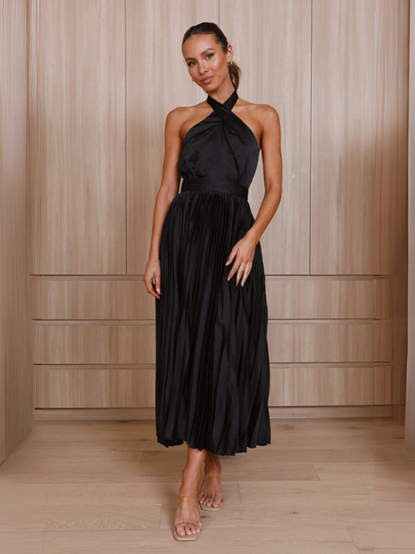 Sleeveless Halter Neck Pleated Evening Dress in 4 Colors S-XL