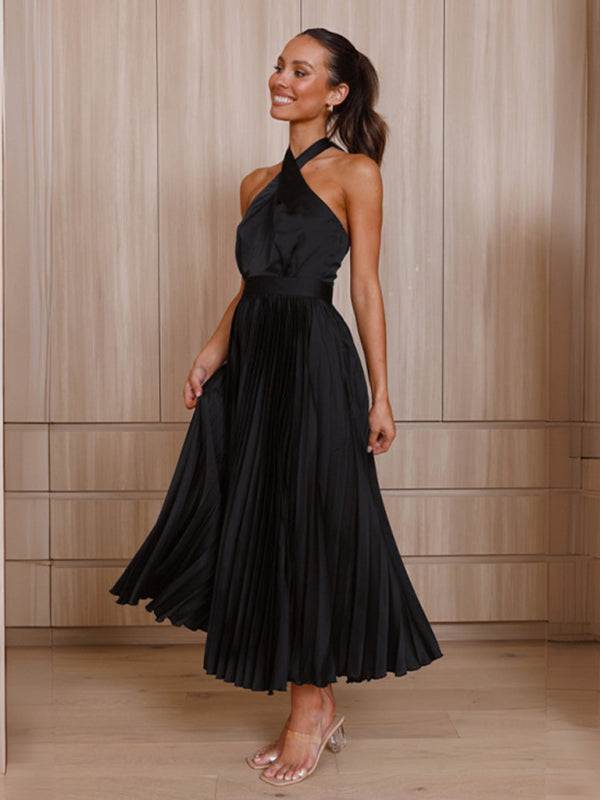 Sleeveless Halter Neck Pleated Evening Dress in 4 Colors S-XL