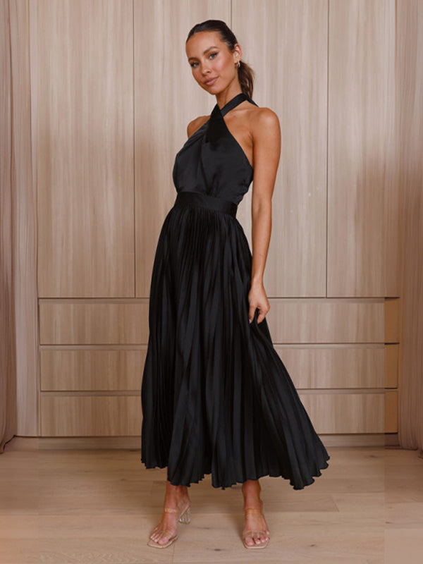 Sleeveless Halter Neck Pleated Evening Dress in 4 Colors S-XL