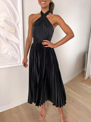 Sleeveless Halter Neck Pleated Evening Dress in 4 Colors S-XL