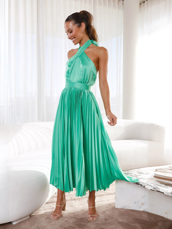 Sleeveless Halter Neck Pleated Evening Dress in 4 Colors S-XL