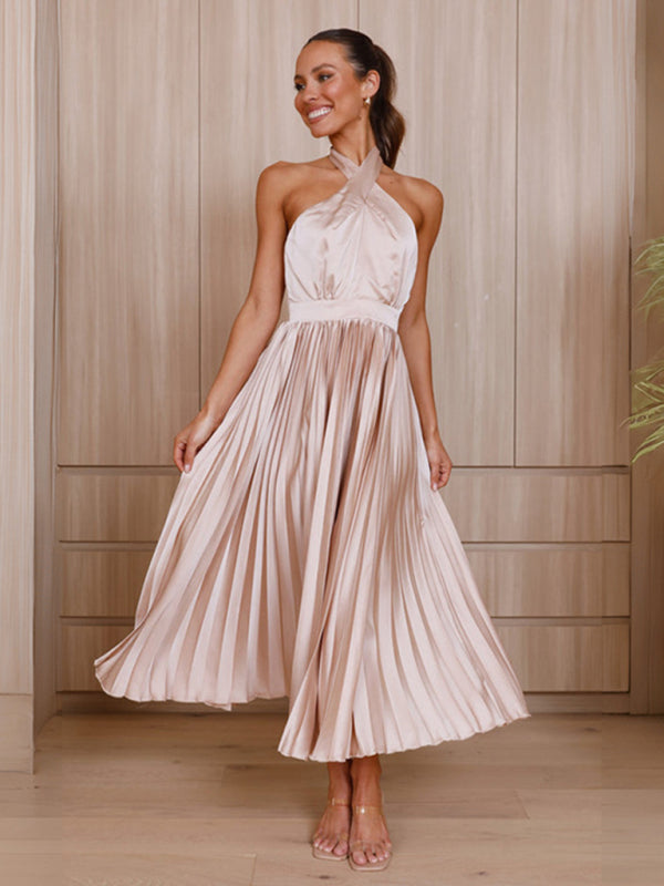 Sleeveless Halter Neck Pleated Evening Dress in 4 Colors S-XL