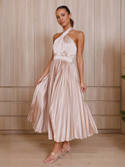 Sleeveless Halter Neck Pleated Evening Dress in 4 Colors S-XL