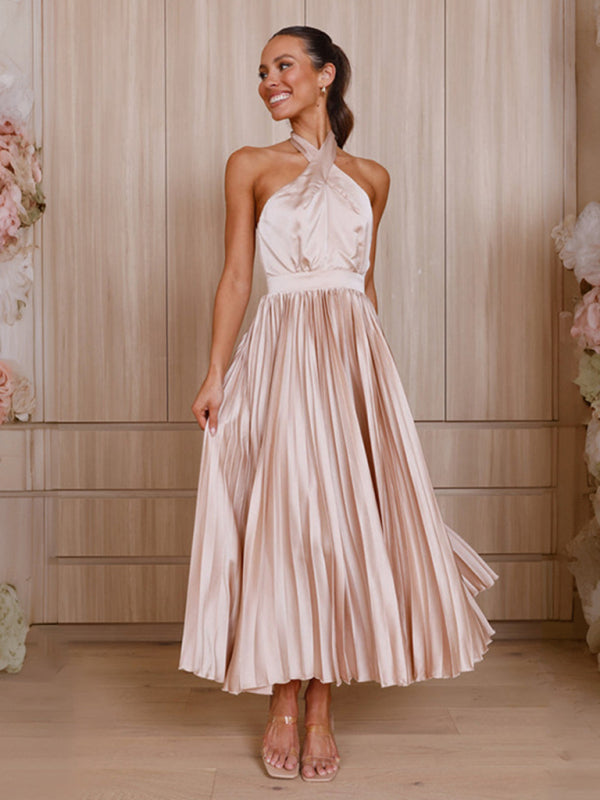 Sleeveless Halter Neck Pleated Evening Dress in 4 Colors S-XL
