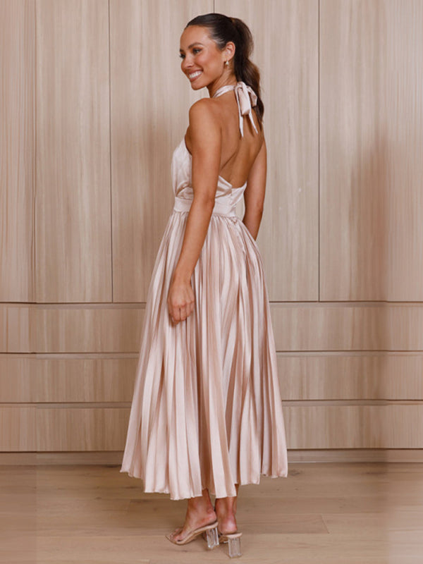 Sleeveless Halter Neck Pleated Evening Dress in 4 Colors S-XL
